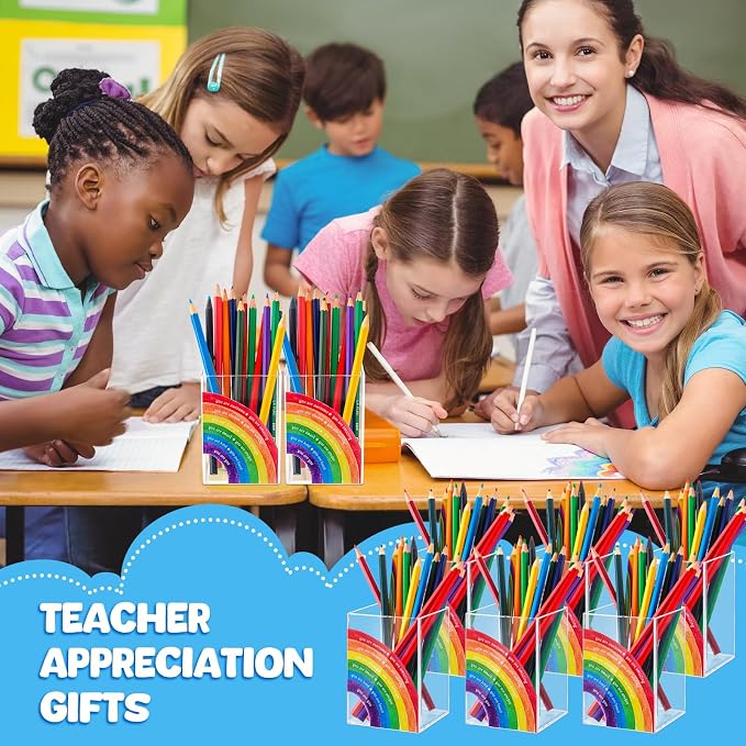 Sherr 5 Pcs Acrylic Pen Holders Teacher Appreciation Gifts Rainbow Pencil Storage Cups Inspirational Desk Organizers Stationery Pots Bulk for School Classroom Office Supplies