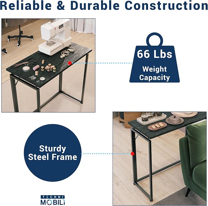 32" Wide Folding Desk for Small Spaces, Compact Folding Table for Bedroom, Apartment, Study or Dorm Ideal for Living Room TV Dinners, Side Table Use, Laptop Desk, No Assembly Required, Black