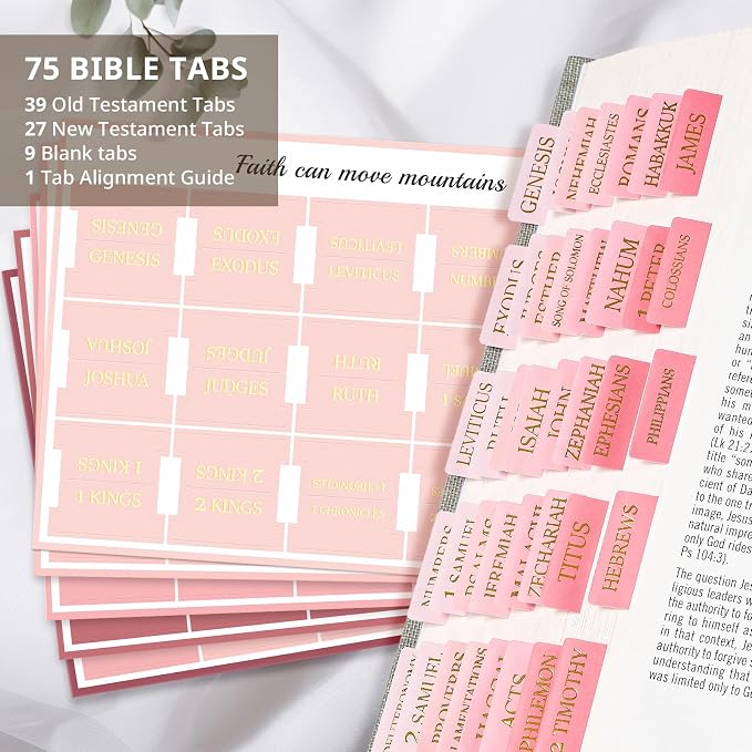 Bible Tabs for Women & Men, Bible Tabs for Study Bible, Large Print Bible Tabs for Easy Navigation, Bible Index Tabs, 66 Tabs Old & New Testament, Extra 9 Blank Tabs - Blush