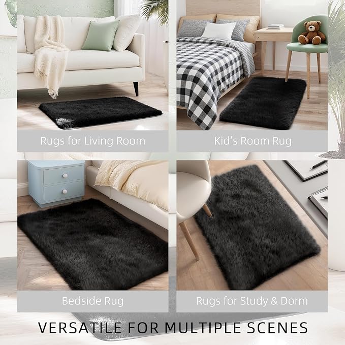 Shag Black Rug, 2x3 Area Rugs for Bedroom Bedside, Ultra-Soft Fluffy Fuzzy Plush Shaggy Furry Rugs for Kids Room, Boys Girls Room, Dorm, Easy Clean Modern Small Carpet