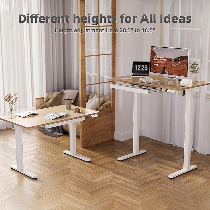 YDN Electric Standing Desk 55 x 24 Inch with Drawer Natural | Industrial steel frame supports 176Lbs, 28.3-46.5 inch height range with 3 presets, 45dB quiet motor