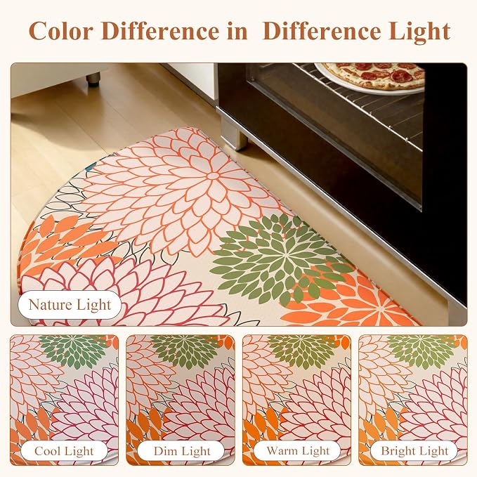 KIMODE Half Circle Kitchen Mats for Floor Cushioned Anti Fatigue Semi Round | Half Round,28"x18",Dahlia Boho,Kitchen Rug Non Slip ,Waterproof Padded Sink Floor Mat Carpet Decor for Laundry Bathroom