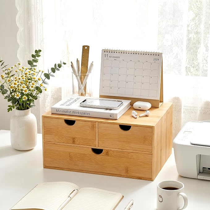 Desk Organizer with Drawers - Bamboo Desktop Organizer Storage | White-Natural Wood Desk Drawers Organizer for Bills, Office Supplies, Cosmetics, Seals No Assembly Required