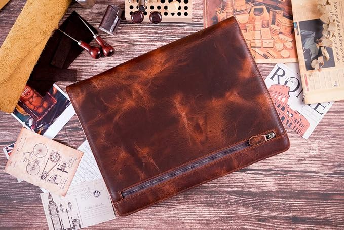 Genuine Leather Professioal Business Portfolio Padfolio Folder with Zipper for Men and Women,Work Portfolio for Letter Size Notepad, for Meeting and Travel, Oil Wax