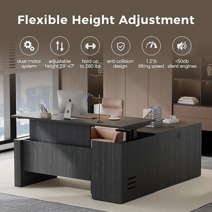 66.93'' L Shaped Executive Standing Desk with Pre-Assembled Frame & Lockable Cabinets, Height Adjustable Desk Dual-Motor Sit-Stand Workstation for Corporate & Home Office (Grey)