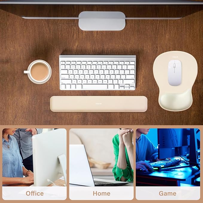 MOSISO Wrist Rest Support for Mouse Pad&Keyboard Set, Ergonomic Mousepad&Coaster, Non-Slip Base Home/Office Rectangular Easy Typing Cushion Pad with Soft Cloth&Curved Concave Memory Foam, Khaki
