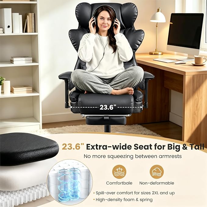 Big & Tall Office Chair, Ergonomic High Back Executive Desk Seat | 400 LBS Heavy Duty Steel Frame for Heavy Users, 23.6" Wide Seat, Padded Armrests, 165° Reclining, Black PU Leather, 2 Pack