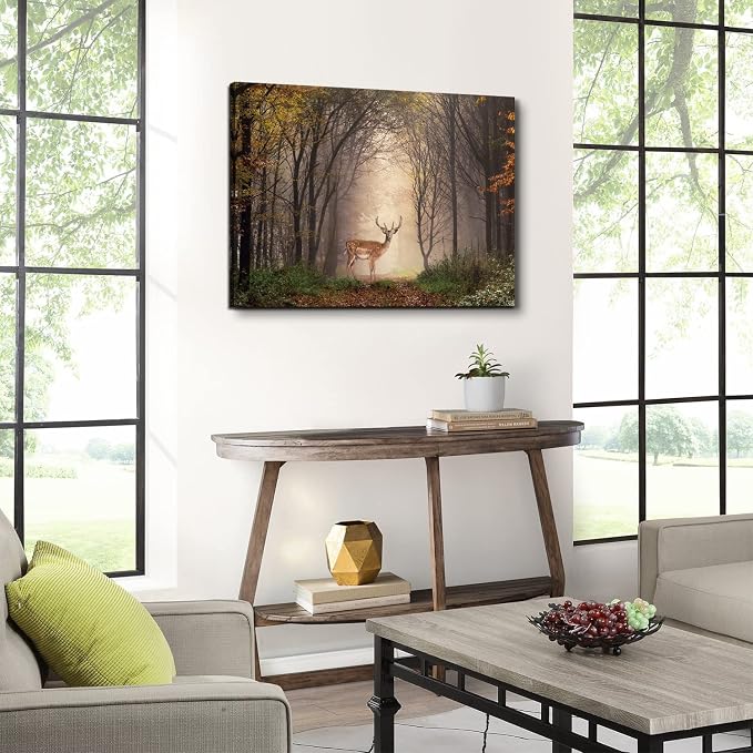 Wild Animal Landscape Canvas Wall Art Deer in Autumn Foggy Forest Picture Wall Decor Elk Wildlife Scenery Photo Prints Painting Decoration for Modern Living Room Bedroom Bathroom Home Art 24x36 Inch