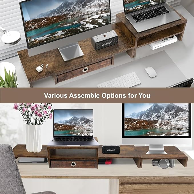 Monitor Riser for 3 Monitors, Angle Adjustable Monitor Stand with Drawer | Dual Monitor Stand for Desk, Dual Monitor Stand with Storage, Wooden Extra Long Triple Monitor Riser up to 52", Rustic Brown
