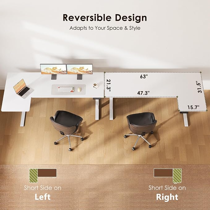 OffiGo Electric L Shaped Standing Desk, 63 Inches Height Adjustable Table, Reversible Corner Stand Up Desk, Lifting Computer Table for Home Office, Computer Workstation, White