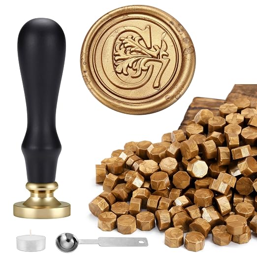 Yoption Traditional Initial Alphabet Wax Seal Stamp with 120 Antique Gold Wax Seal Beads Kit for Wedding Engagement Party Invitation Envelope Christmas Gift Wrap - Letter C