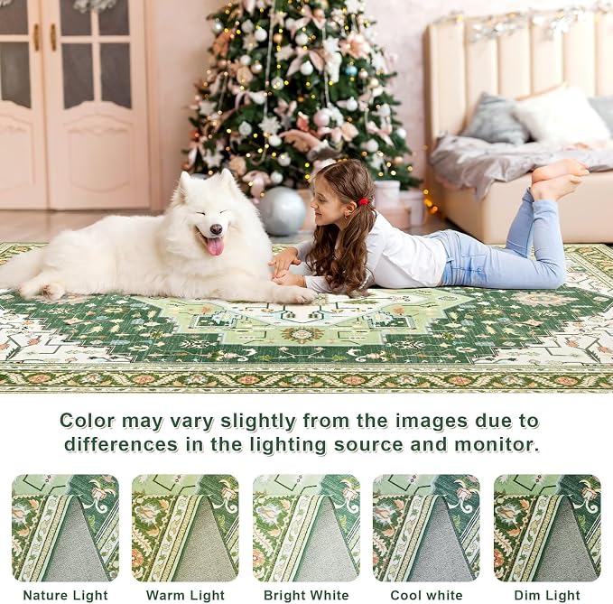 Macgace 3x5 Green White Area Rug for Living Room, Machine Washable Rugs with Non-Slip Backing for Bedroom, Vintage Medallion Carpet Kitchen Laundry Kids Room Decor