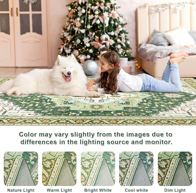 Macgace 4x6 Green White Area Rug for Living Room, Machine Washable Rugs with Non-Slip Backing for Bedroom, Vintage Medallion Carpet Kitchen Laundry Kids Room Decor