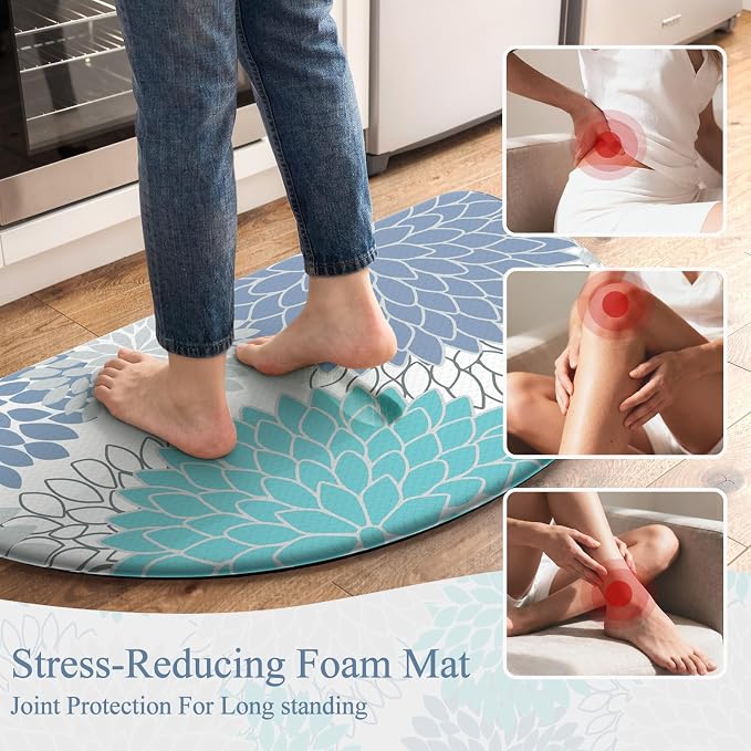 KIMODE Half Circle Kitchen Mats for Floor Cushioned Anti Fatigue Semi Round | Half Round,28"x18",Dahlia Boho,Blue White,Kitchen Rug Non Slip ,Waterproof Sink Floor Mat Carpet Decor for Laundry Bathroom