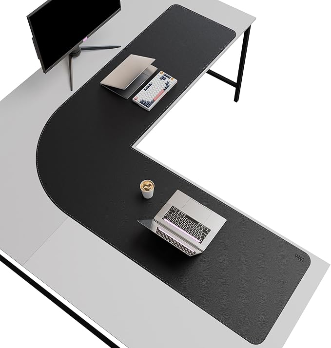 Vyaaa (62"+62") x 20" L Shaped Leather Desk Pad (Black), Dual-Sided Reversible PU Leather Desk Mat, Extra Large Mouse Pad, Compatible with L Shape Computer Desk for Home or Office