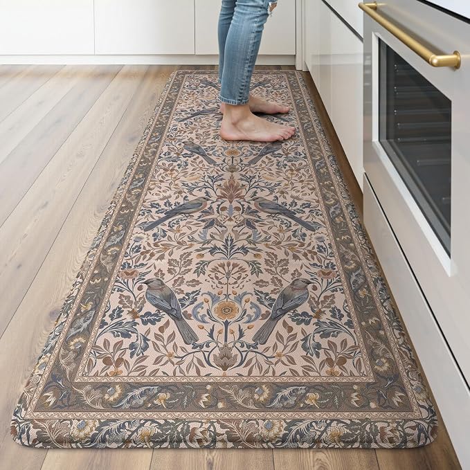 KIMODE Kitchen Mats for Floor Anti Fatigue,Cushioned Runner Rug | 23.6"x71",Khaki Beige,Floral Bird Boho Runner Rug Non Slip ,Wide Long Padded Kitchen Floor Mat for Laundry Sink Office Home