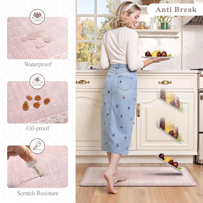 LEEVAN Anti Fatigue Kitchen Mats for Floor, Cushioned Kitchen Mat Set 2PCS | 17.3"x29"+17.3"x47", Boho Floral Pink Kitchen Rugs Non-Slip, Waterproof Ergonomic Standing Mats for Laundry, Office & Sink