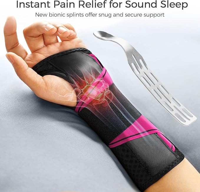 FREETOO Carpal Tunnel Wrist Brace Night Support Fit Right Hand for Work, Pain Relief Wrist Splint for Tendonitis, Arthritis, Wrist Stabilizer Brace Fit Women Men for Sleeping (L/XL, Black/Pink)