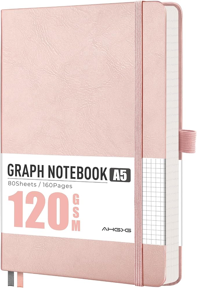 AHGXG Graph Grid Paper Notebook, 160 Pages, A5 Medium Size (5.7'' x 8.3''), 120 GSM Thick Paper, Leather Hardcover, for School, Students, Math, Engineering (Rose Gold)