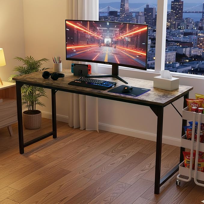 OLIXIS 63 Inch Computer Office Desk for Small Spaces, Writing Gaming Work Desk Modern Study Table with Storage Bag & Headphone Hook Home Bedroom, Rustic Brown