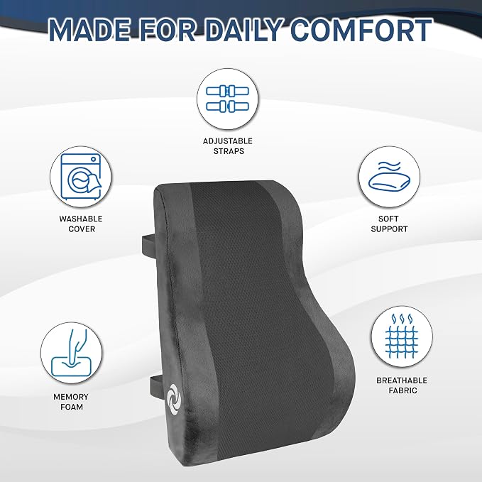Samsonite Ergonomic Lumbar Support Pillow for Office Chair and Car Seat - Memory Foam Back Support Lumbar Pillow, Premium Cushion Chair Support for Lower Back Pain Relief and Versatile Use (Gray)