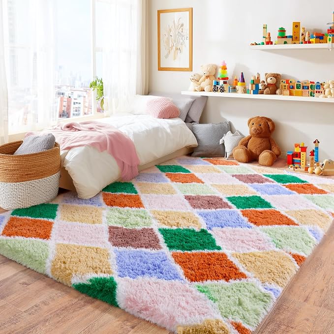 Checkered Rug for Bedroom 5x7, Ultra Fluffy Fuzzy Shag Area Rugs for Living Room, Anti-Skid Indoor High Pile Soft Rug Carpet for Living Room Bedroom Kids Room Nursery, Dorm Home Decor, Colorful