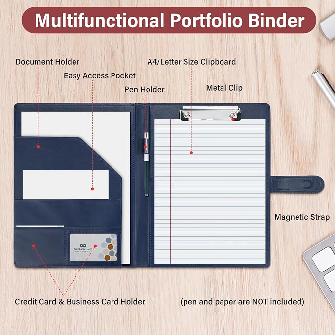 Professional Padfolio,Blue Faux Leather Portfolio Binder | Includes clipboard,business card holder and document storage for office,conference,interviews,resume papers and business use