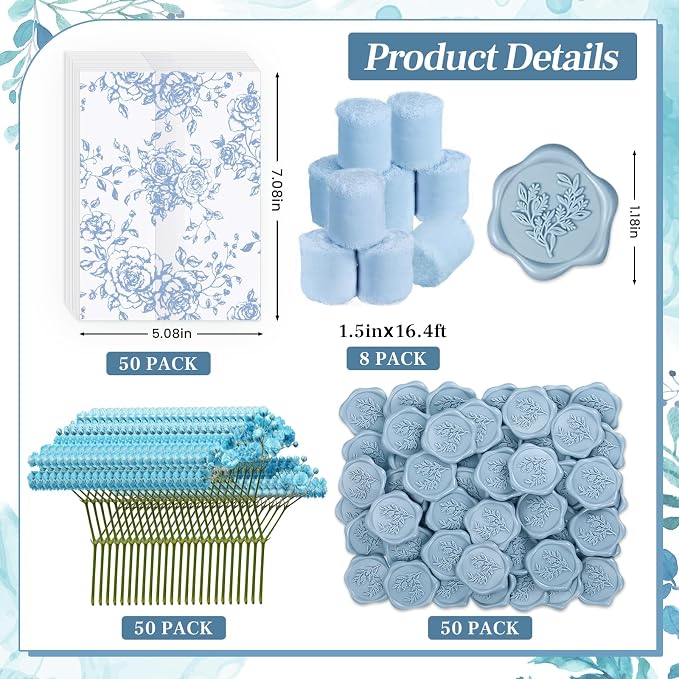 Wedding Invitation Accessories Kit, Pre-Folded Vellum Jackets for 5×7 Invitations with Wax Seal Stickers, Ribbon & Dried Flowers, Elegant Wedding Invitation Accessories for DIY Bridal Invites (Blue-Rose, 50)