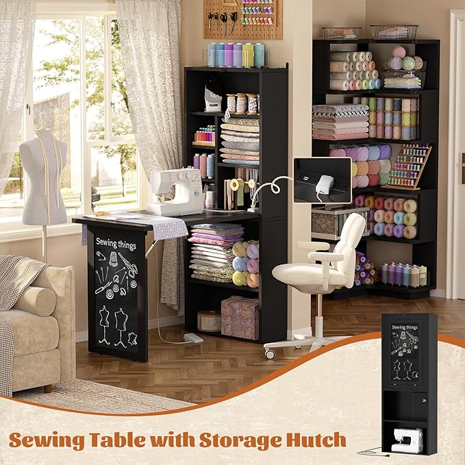 Armocity Small Folding Desk with Outlets, Convertible Writing Desk for Small Spaces/Home Office/Craft Room, Multi-Function Desk Workstation with Blackboard, Fold-Out Cabinet Table, Black
