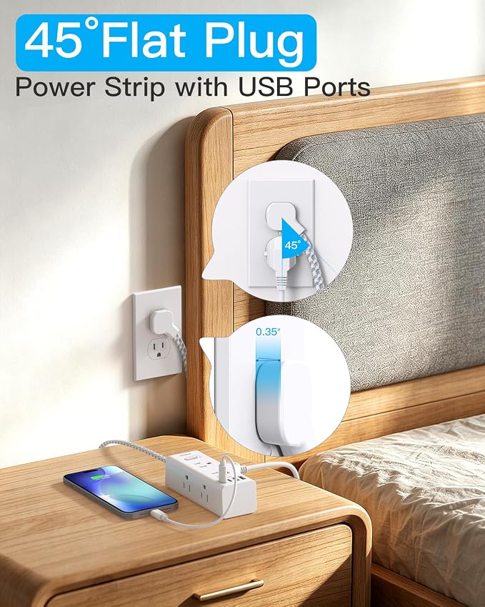 Flat Plug Extension Cord 15Ft, One Beat Surge Protector Power Strip 15 Ft Cord with 6 Widely Outlets 4 USB Ports (2 USB C), 3 Way Wall Outlet Extender Extension Cord for Home Office College Dorm Room