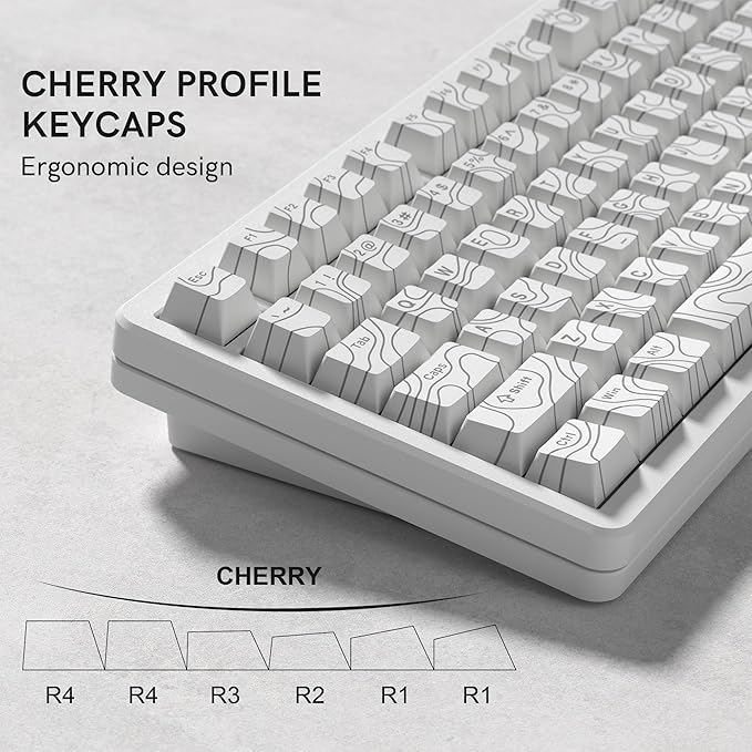dagaladoo Double Shot PBT keycaps 119 Keys Set White Topographic Shine Through Custom keycaps Cherry Profile Custom Keyboard Key caps for 60/65/75/TKL/96/100% US Layout Mechanical Keyboard
