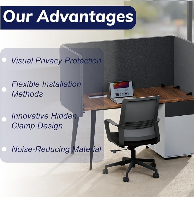 Desk Privacy Panel 24 x 24 Inch,Sound Absorbing & Proof Desk Divider for Office, Clamp-on/Screw-on Acoustic Desk Back Panel Partition, Dark Gray