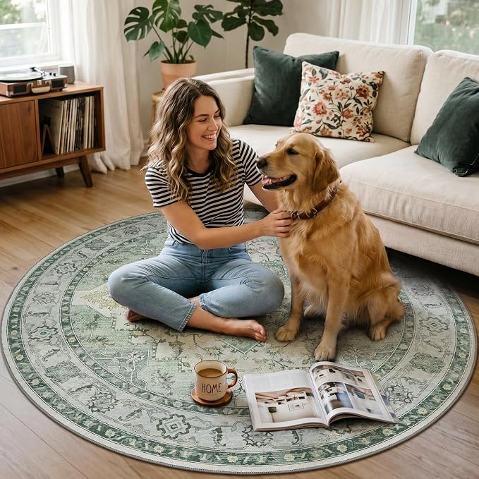 Office Chair Mat for Hardwood Tile Floor, Under Desk Carpet Protector for Rolling Computer Chair Mat, Round Washable Rugs 5ft Circle Area Rug, Anti-Slip 1/5" Thick Low Pile Thin Floor Mat, Green