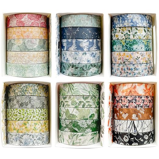 Flowers Washi Tape Set 30 Rolls Floral Patterns Decorative Skinny Slim Masking Tapes for Arts, DIY Crafts, Journals, Planners, Scrapbook, Wrapping (Greens Thrive)