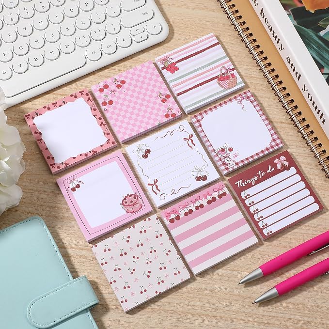 9 Pads Cherry Bow Sticky Notes 3x3 Inch Cute Self Stick Notepads Notes Adhesive Memo Pad Office Decor Gifts for Students School Teacher Meeting Office Supplies