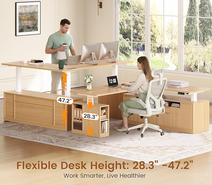 SEDETA L Shaped Electric Standing Desk, 69" x 55"Height Adjustable Office Executive Desk with 4 Drawers and Storage Shelves, Fluted Sit Stand Computer Desk with Power Outlet for Home Office (Natural)