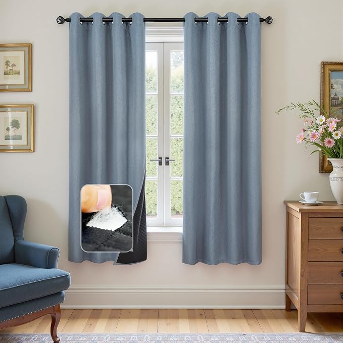 DriftAway Blackout Soundproof Thermal Insulated Linen Textured Curtains with Quilted Thermal Lining for Cold and Heat Blocking Noise Reducing Daytime Sleep 1 PC 52 Inches by 72 Inches Dusty Blue