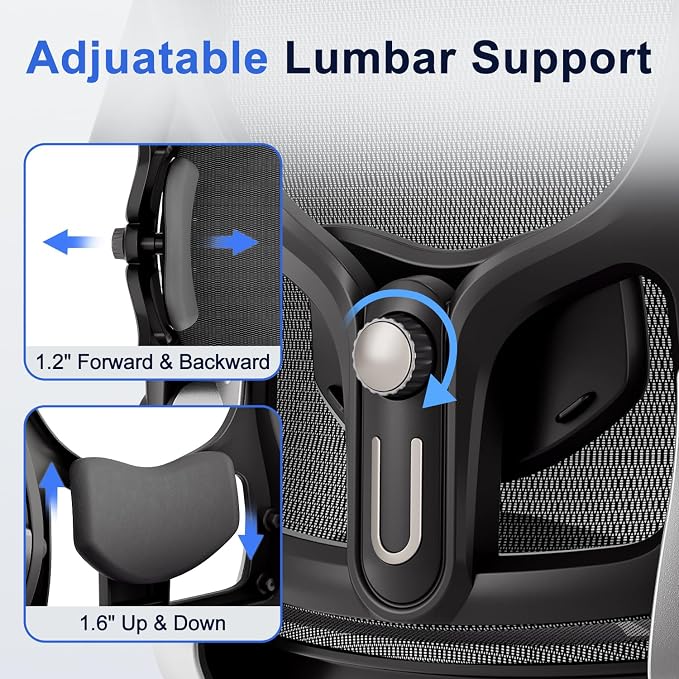 marrap Ergonomic Office Chair, Mesh Desk Chair with 3D Armrests, Adjustable Lumbar Support and Headrest, 90-120° Rocking Function, Black