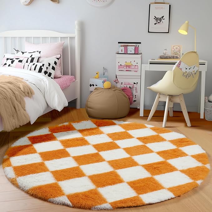 KICMOR Round Rug 4ft Orange and Cream White Circle Area Rug, Fluffy Soft Fuzzy Shag Shaggy Bedroom Living Room Carpet, Indoor Checkered Circular Rug for Kids Boys Girls Home Decor Aesthetic, Nursery