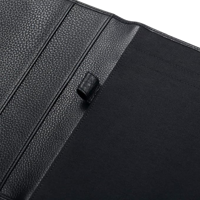 HISCOW Slim Leather Junior Padfolio, 5x8 Notepad Cover, Pebbled Black | Full-grain tumbled cowhide, top-loading legal pad holder, rigid pen loop, quick-access card slot, zipperless boardroom design