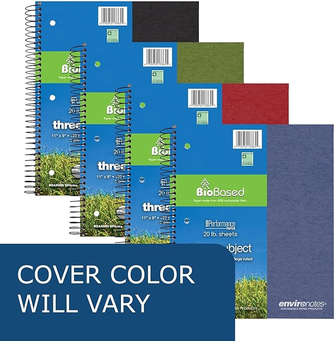 Roaring Spring Environotes Recycled Spiral Notebook, 3 Subject, 24 Pack, 11" x 9", 120 Perforated Sheets, 20 lb Bio-Based Paper, College Ruled w/ Margin, Assorted Earthtone Covers, Double Pocket, 2 Dividers, Made in USA