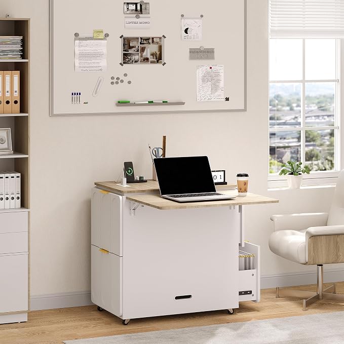 ModernMate 3-in-1 Folding Desk & File Cabinet, Fluted Multi-Storage Workspace with 4 Drawers, Lockable Wheels | Power Outlet | Fits A4/Letter Files, Space-Saving for Small Home Office, Light Walnut