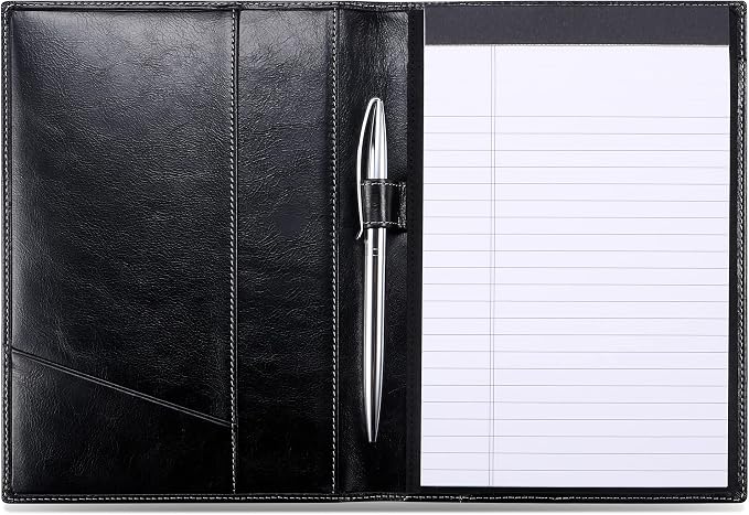 HISCOW Slim Leather Junior Padfolio, 5x8 Notepad Cover, Antiqued Black | Full-grain buffalo leather, top-loading legal pad holder, rigid pen loop, quick-access card slot, zipperless boardroom design