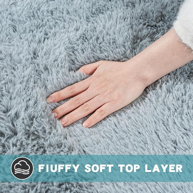 Grey Area Rug for Bedroom, 4x6 Soft Rugs for Living Room Nursery Kids Room Dorm Home Decor Aesthetic, Fluffy Shaggy Rug with 4 Anti-Slip Carpet Tapes