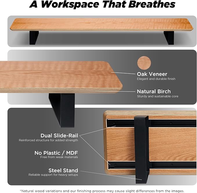 Moodular Wooden Monitor Stand Desk Organizer, Large 45.6" Oak | Customizable Organized Workspace, Aluminum Slide Rails, 10 Add-Ons Sold Separately: Storage Drawer, Tablet, Phone & More