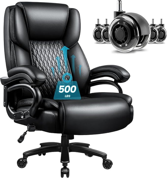 Big and Tall Office Chair 500lbs, Heavy Duty Executive Office Leather Chair for Heavy People, High Back Ergonomic Office Chair with Lumbar Support & Quiet Rubber Wheels, Extra Padded Seat, Black