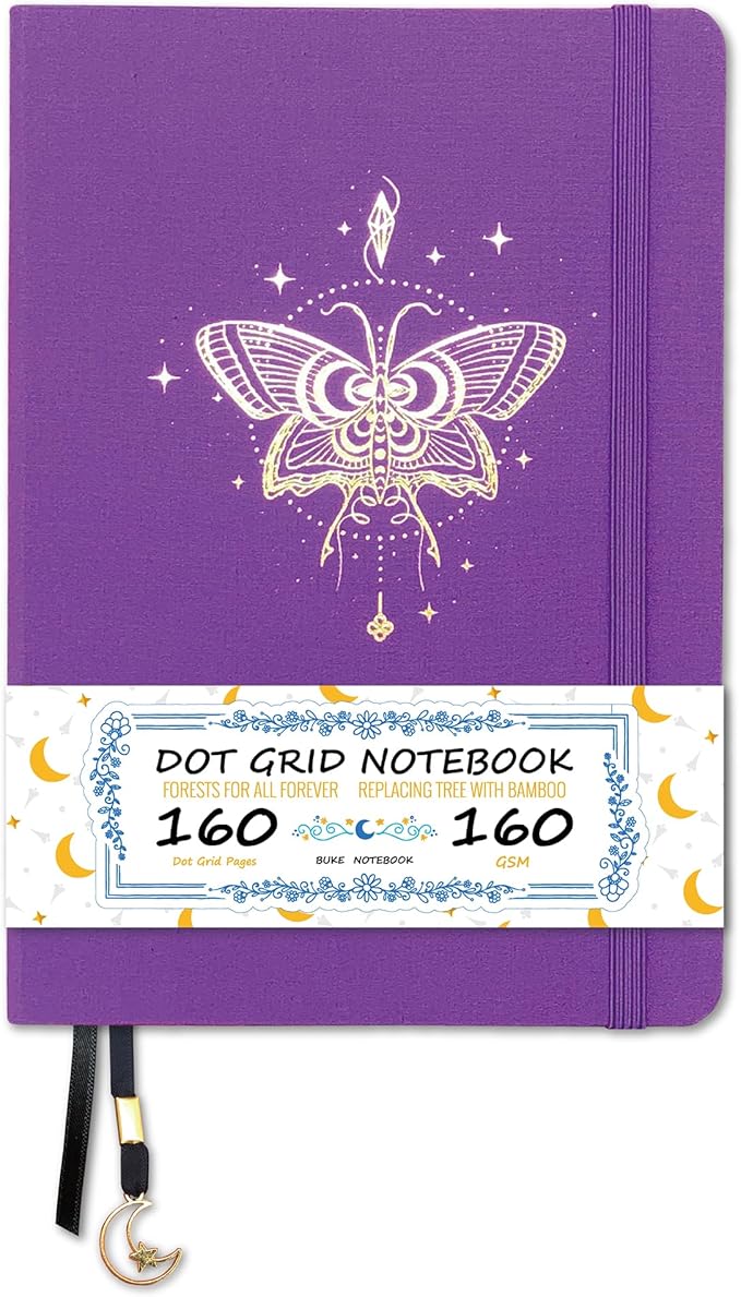 BUKE Dotted Notebook - Cotton Fabric Hardcover - 160gsm Thick Bamboo Paper - A5 Size Dotted Journal - 5x5mm DOT GRID Layout 160 Pages With Gift Box (BKC-3C)