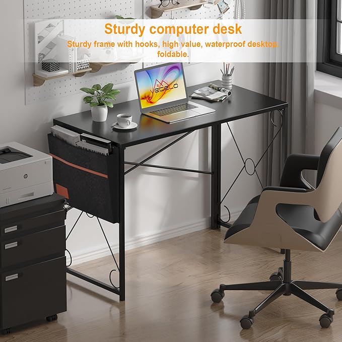 VECELO 39 Inch Folding Desk Simple Assembly, Writing Computer Desk for Home Office Study Office Foldable Table for Small Spaces,Classic Black,2 Set