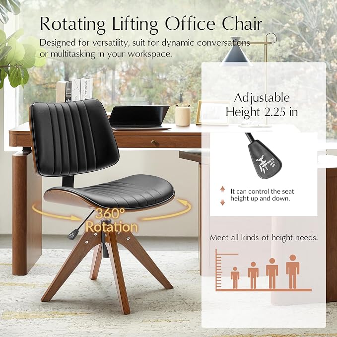 HULALA HOME Faux Leather Home Office Desk Chair No Wheels, Black | Mid-Century Modern Desk Chair with Wood Legs, 360° Swivel Computer Task Chair with Channel-Tufted Backrest, Height Adjustable