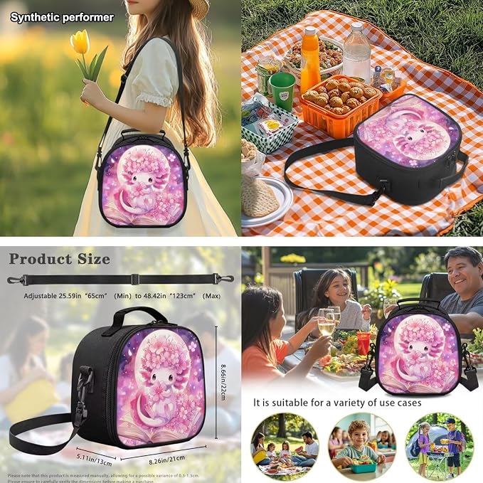 Girls Backpack Set 4PCS: Cute Cherry Blossoms Axolotl Bookbag with Lunch Bag, Pencil Case & Water Bottle Sleeve - 17 Inch for Elementary School Kids Ages 6-8 Back to School